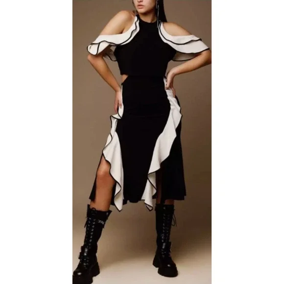 Jonathan Simkhai Ruffle Crepe Halter Off Shoulder Midi Dress 2 - Picture 12 of 13